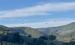 Serbian military helicopters in training near the border with Kosovo