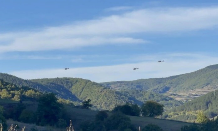 Serbian military helicopters in training near the border with Kosovo