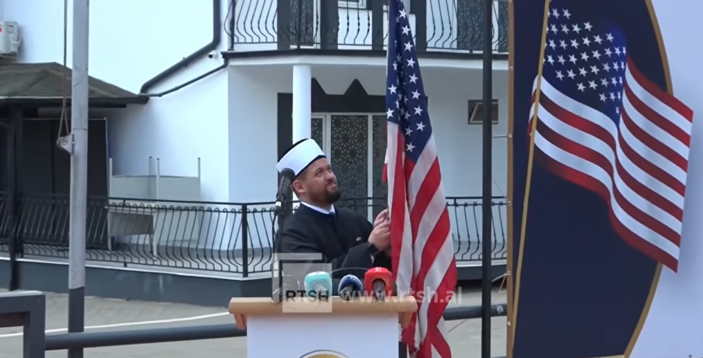 The American flag is raised in the courtyard of the Prof. mosque. Dr. Bedri Kamberi of Pristina