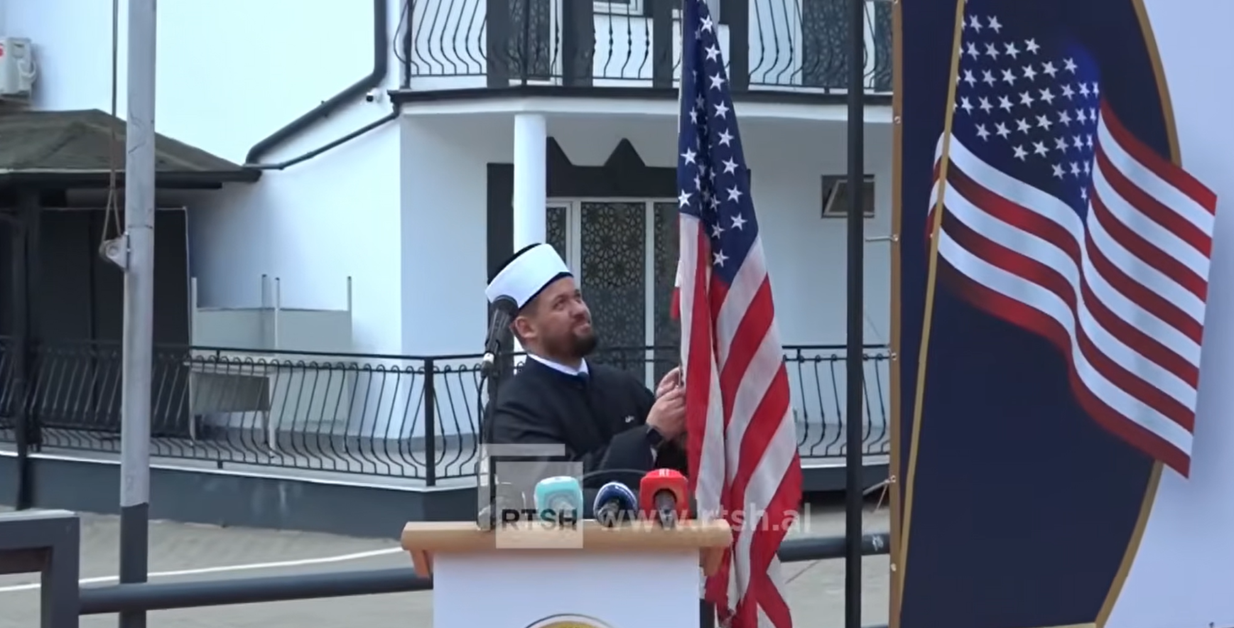 The American flag is raised in the courtyard of the Prof. mosque. Dr. Bedri Kamberi of Pristina